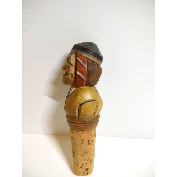 ANRI Bottle Stopper Italy Cork Vintage Wood Barware Man With Toothache Carved - Picture 2 of 4